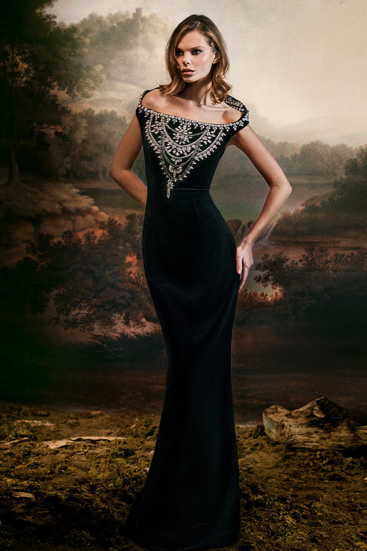 Crystal Embellished with Stand Up Collar and Velvet Dress