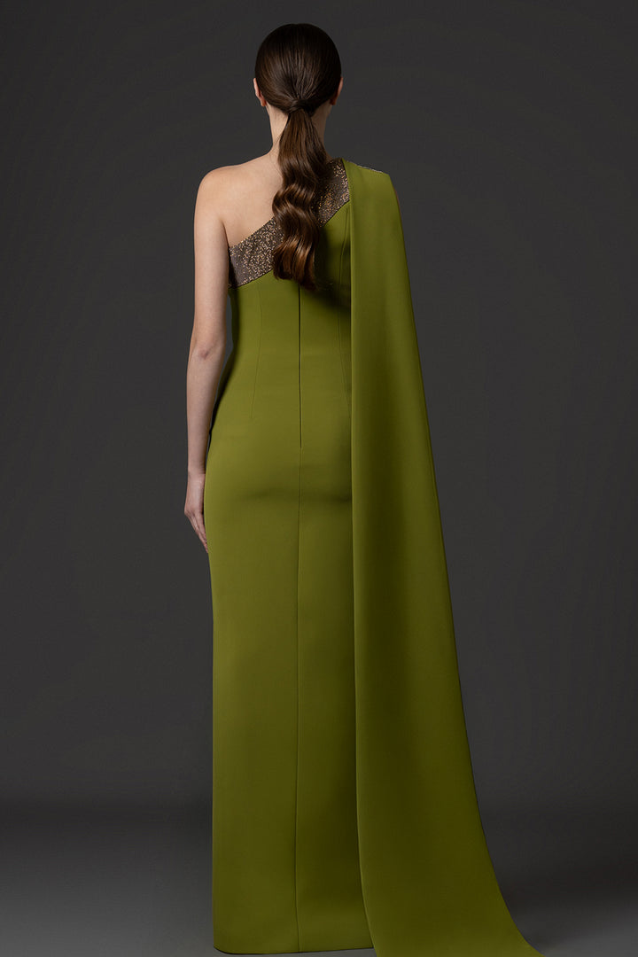 Asymmetrical Embellished Crêpe Dress with Cascading Cape