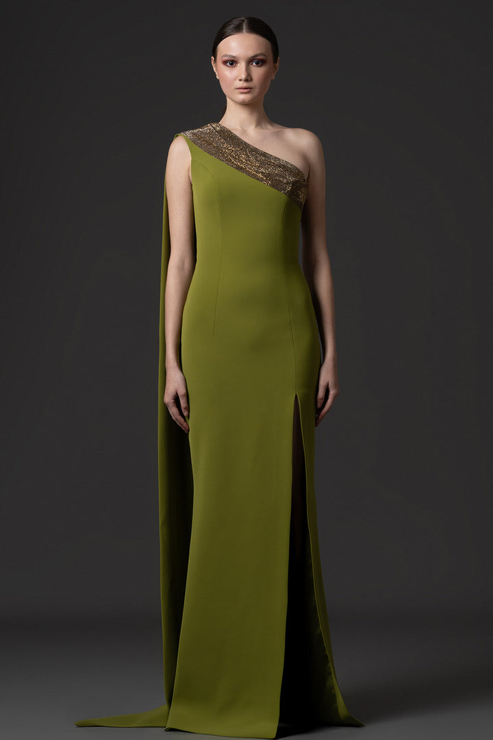 Asymmetrical Embellished Crêpe Dress with Cascading Cape