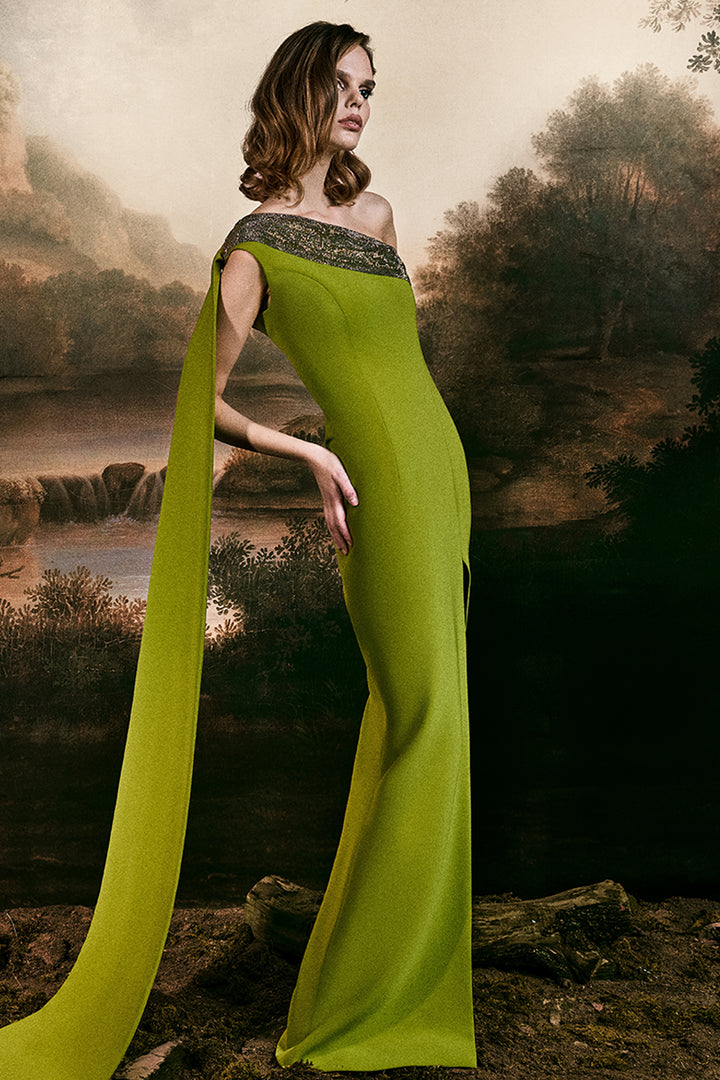 Asymmetrical Embellished Crêpe Dress with Cascading Cape