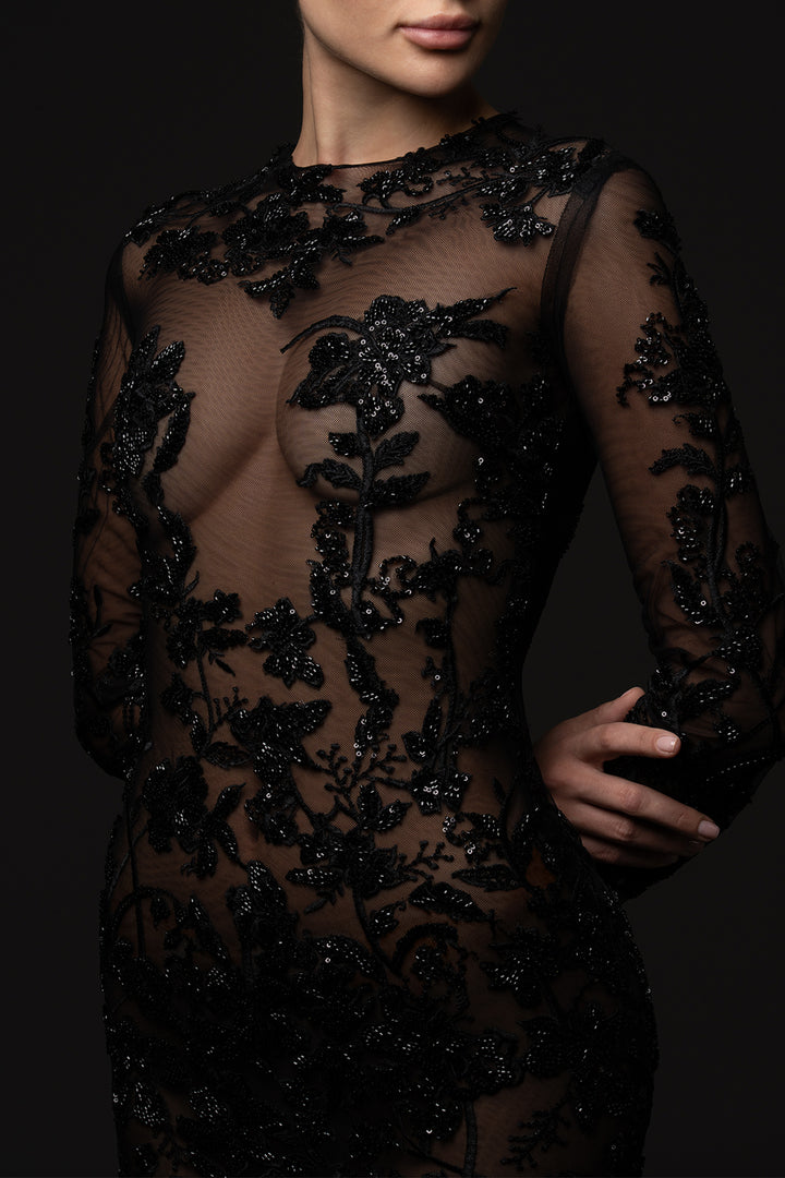 Embroidered Sheer Column Dress with Jacket