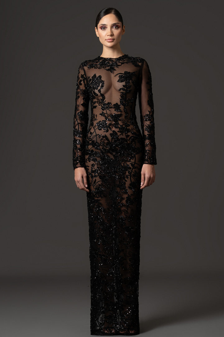 Embroidered Sheer Column Dress with Jacket