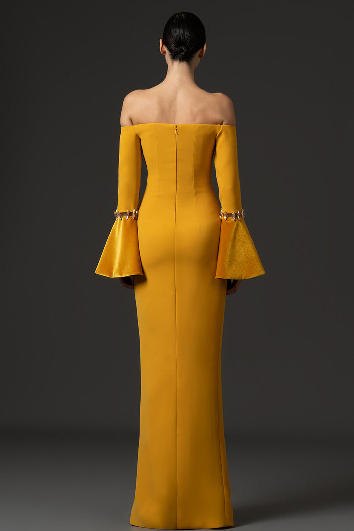 Embroidered Bell Sleeve Crêpe with Velvet Dress