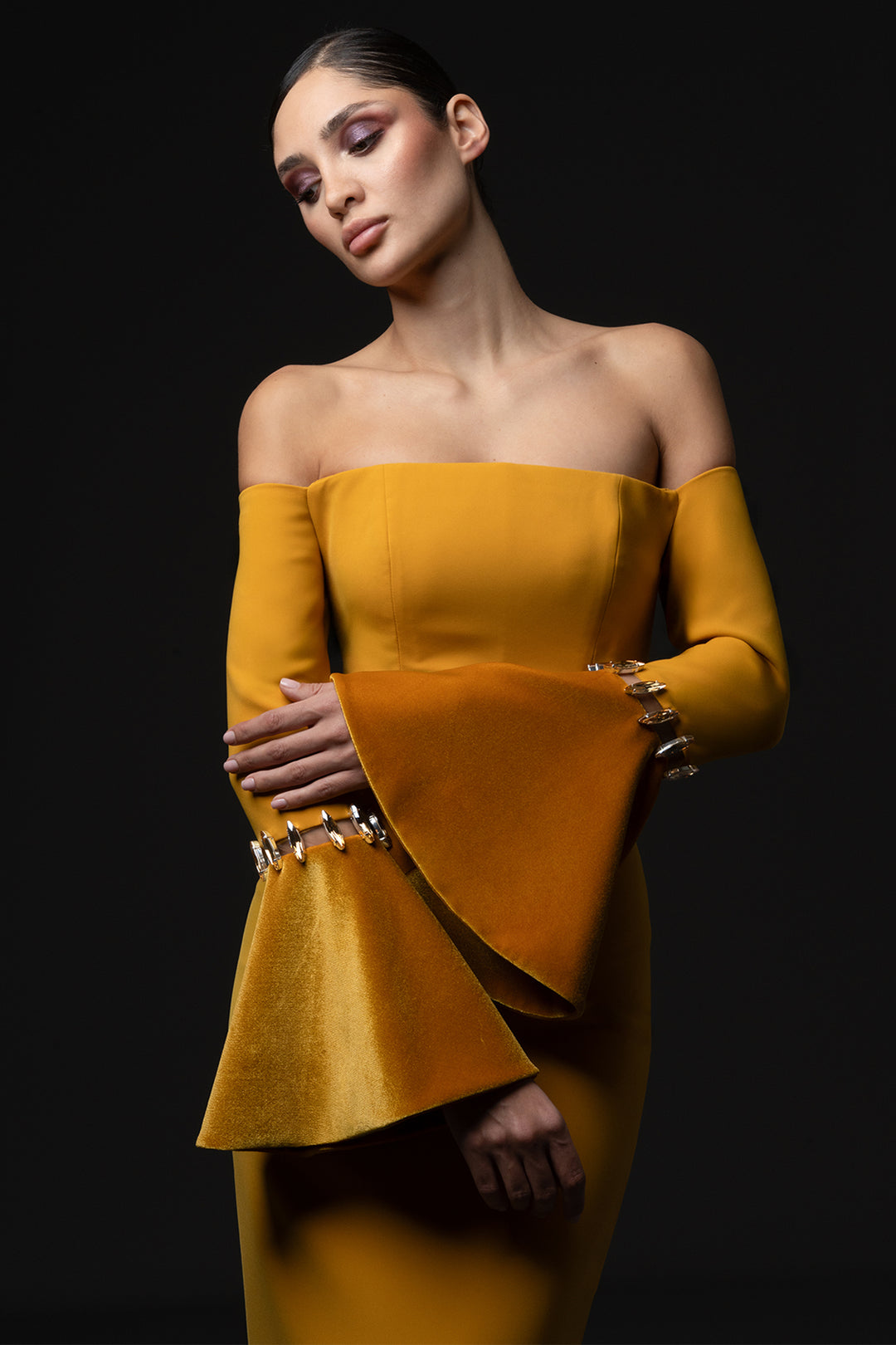 Embroidered Bell Sleeve Crêpe with Velvet Dress