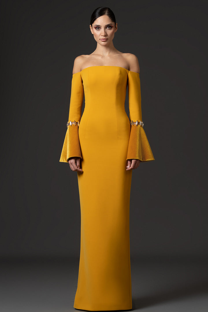Embroidered Bell Sleeve Crêpe with Velvet Dress