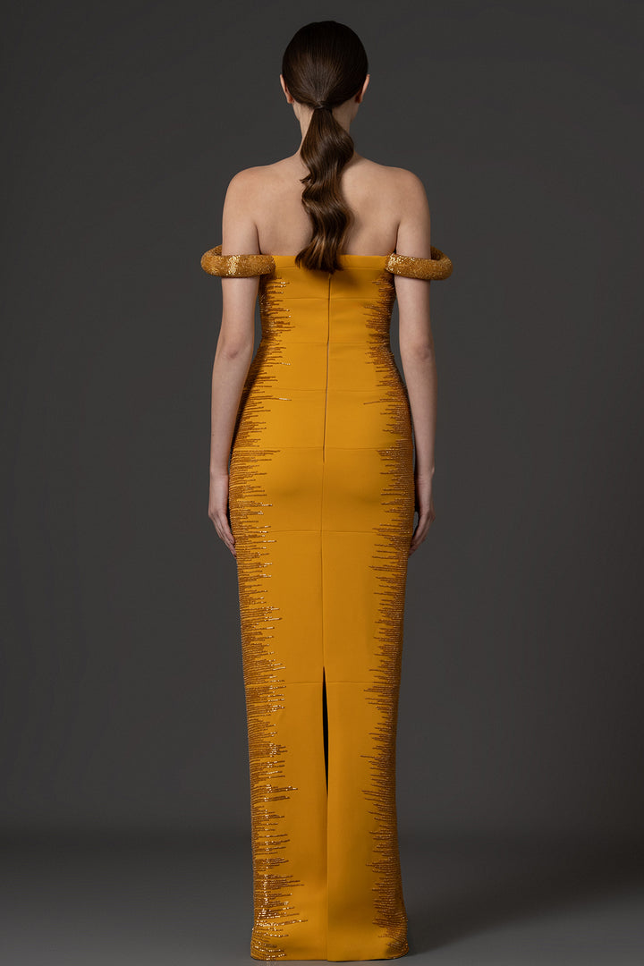 Off-The-Shoulder Column with Side Embroidery Dress