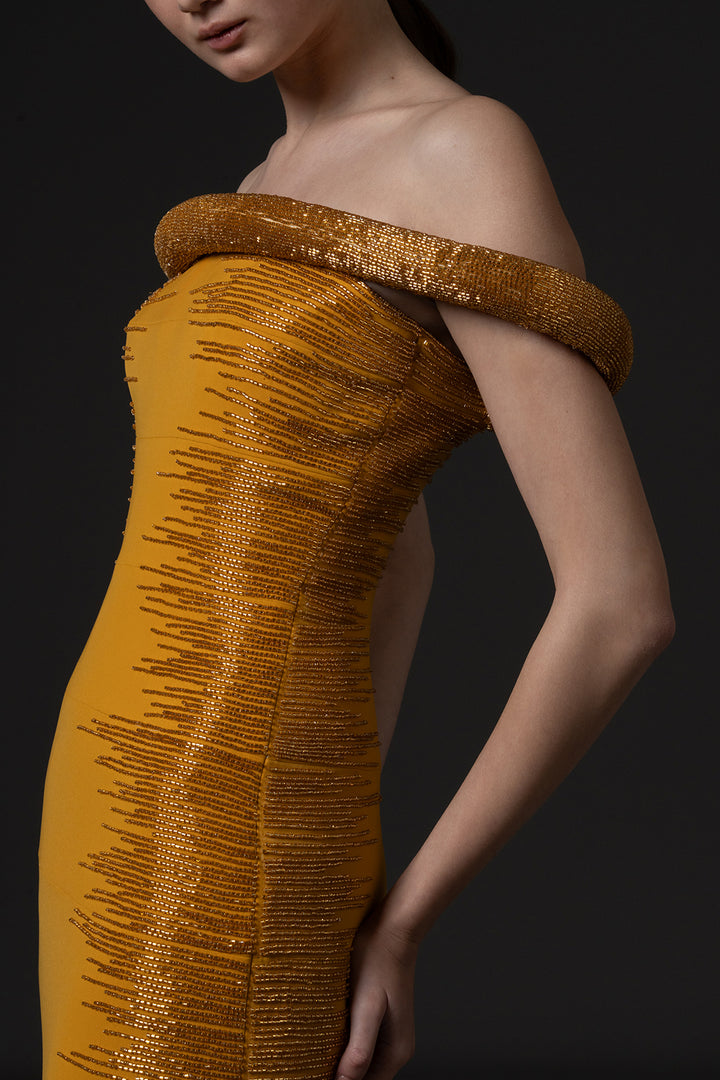 Off-The-Shoulder Column with Side Embroidery Dress