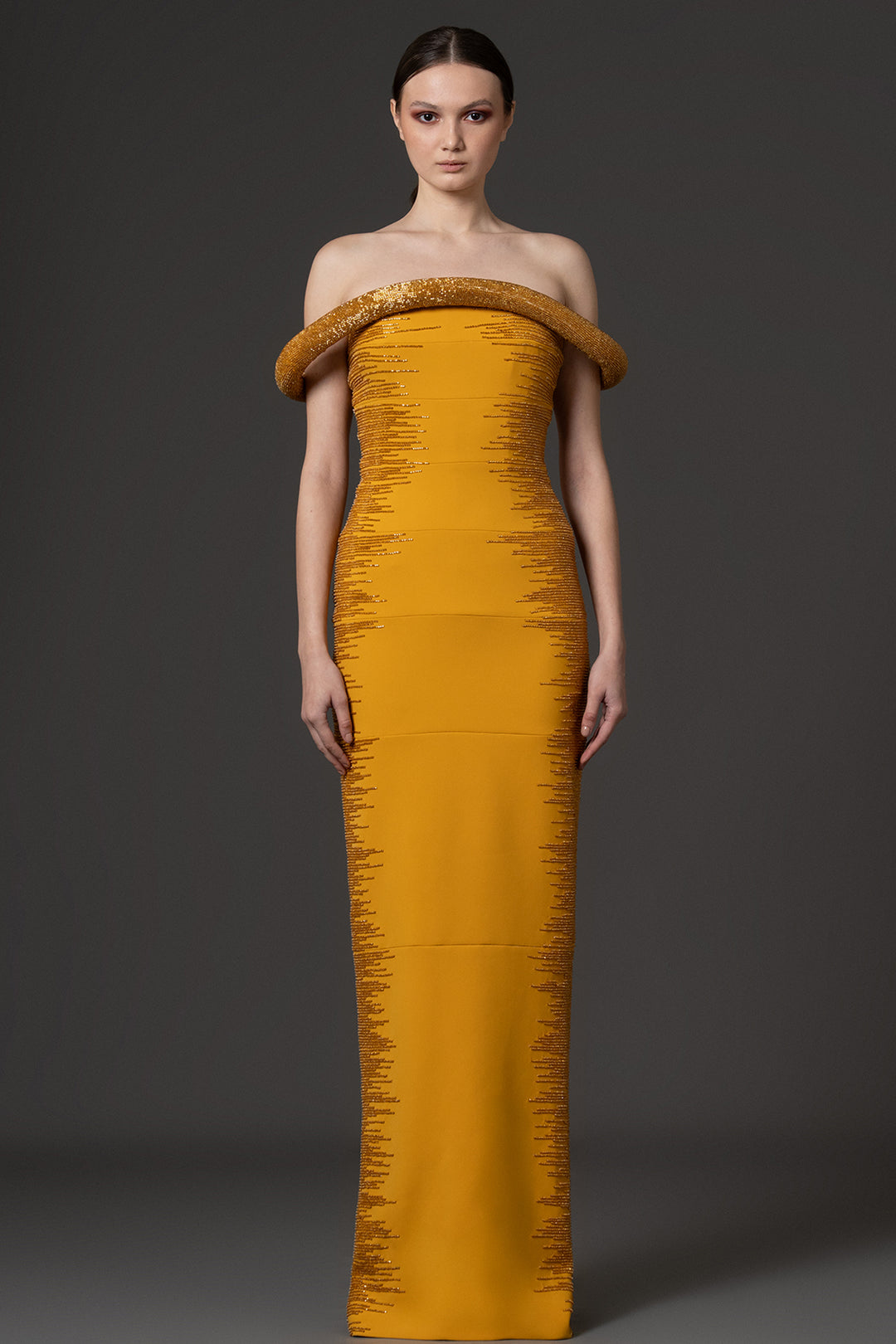 Off-The-Shoulder Column with Side Embroidery Dress