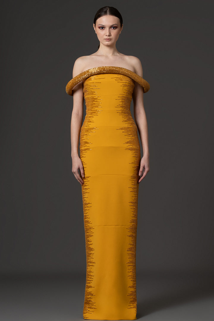 Off-The-Shoulder Column with Side Embroidery Dress