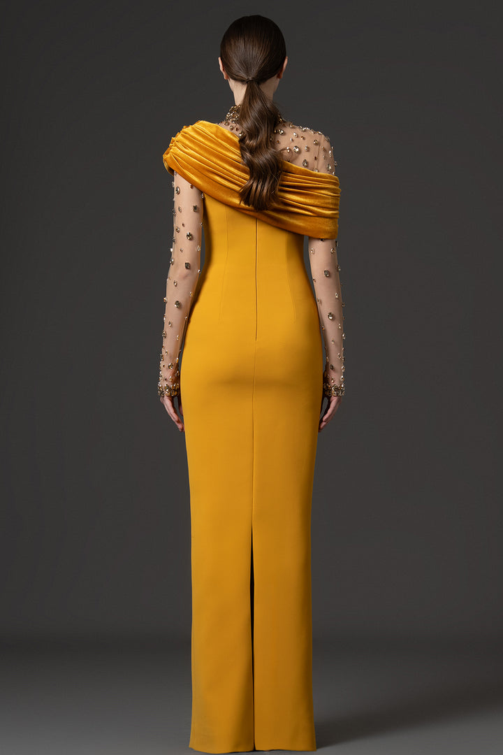 One-Shoulder Embroidered Dress with Cascading Drape