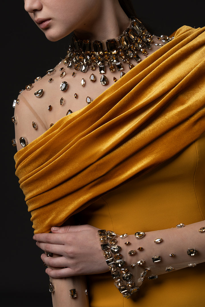 One-Shoulder Embroidered Dress with Cascading Drape