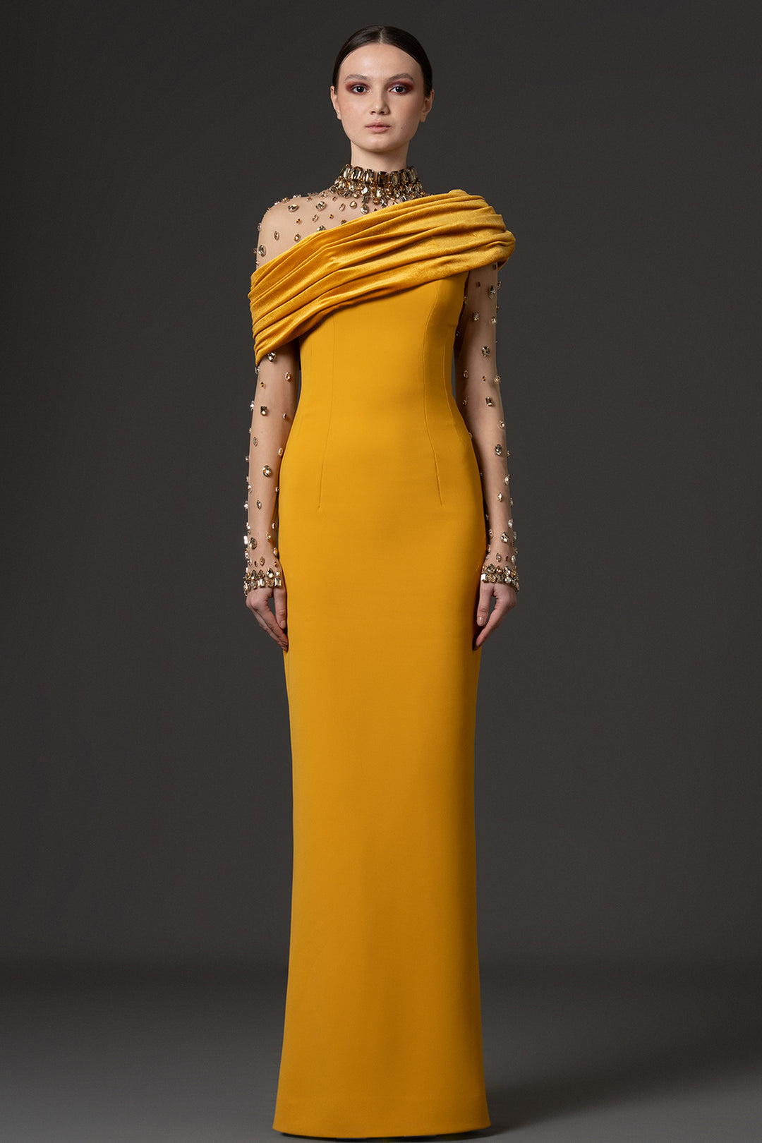 One-Shoulder Embroidered Dress with Cascading Drape