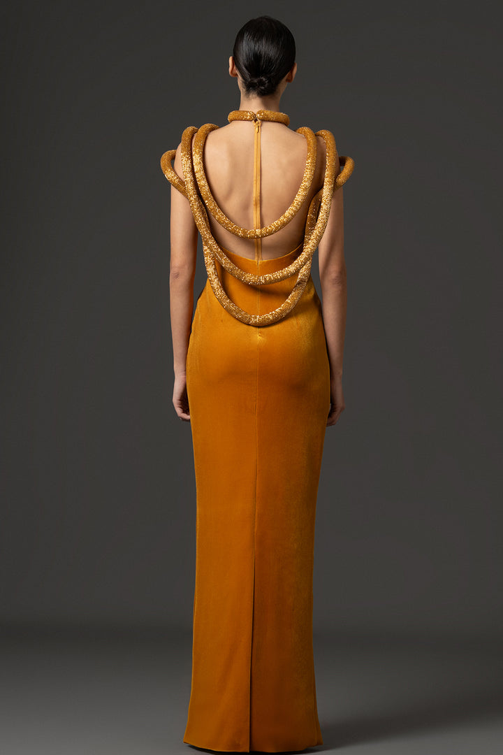 Plunging Neckline Velvet Column Dress with Hoop Embellishments