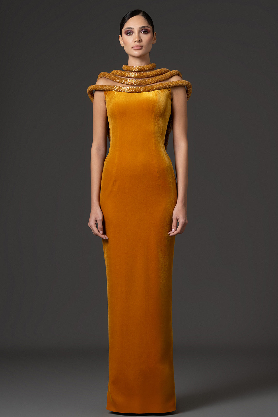 Plunging Neckline Velvet Column Dress with Hoop Embellishments
