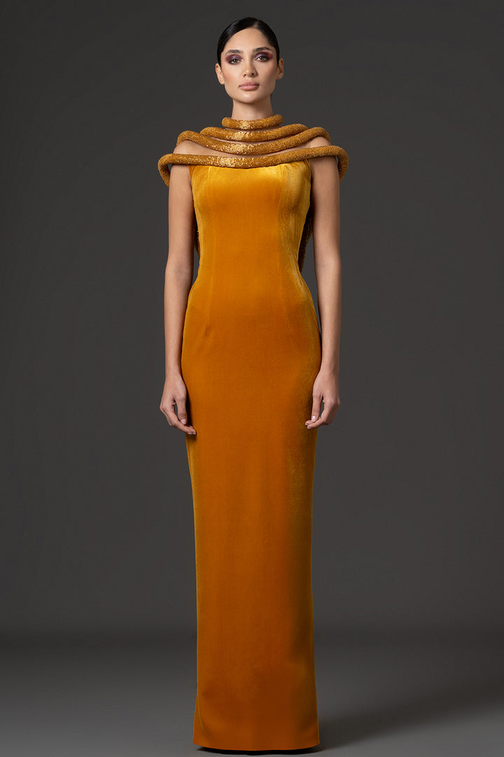 Plunging Neckline Velvet Column Dress with Hoop Embellishments