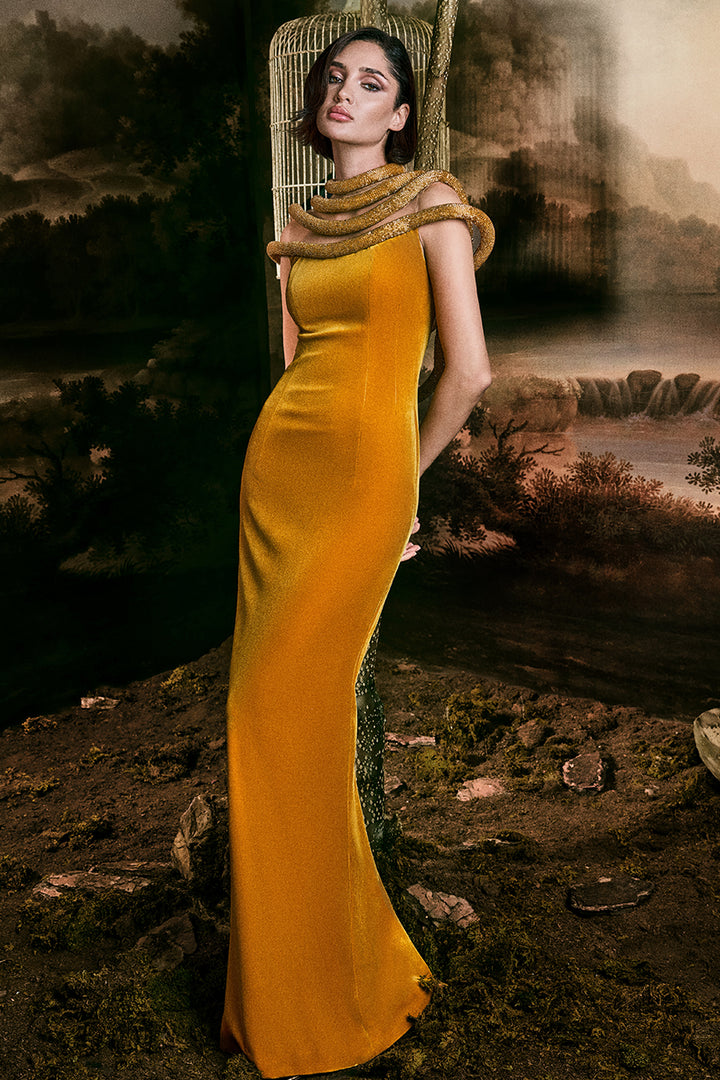 Plunging Neckline Velvet Column Dress with Hoop Embellishments