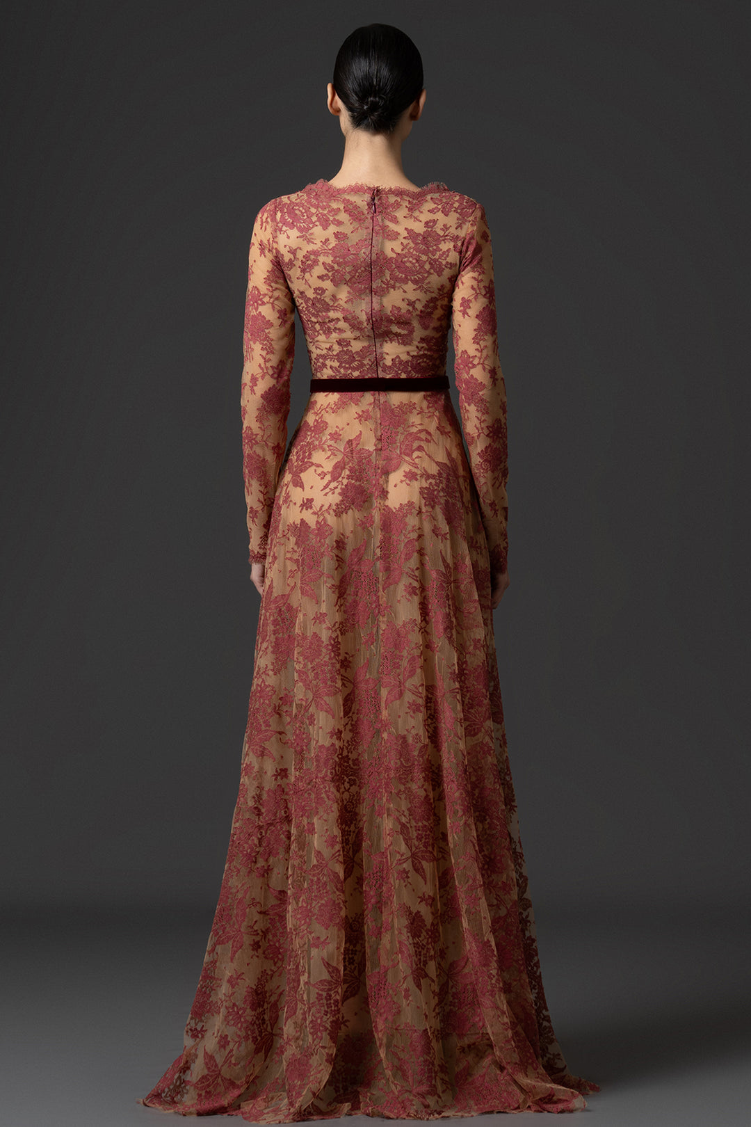 V-Neck Lace A-Line Dress with Velvet Belt
