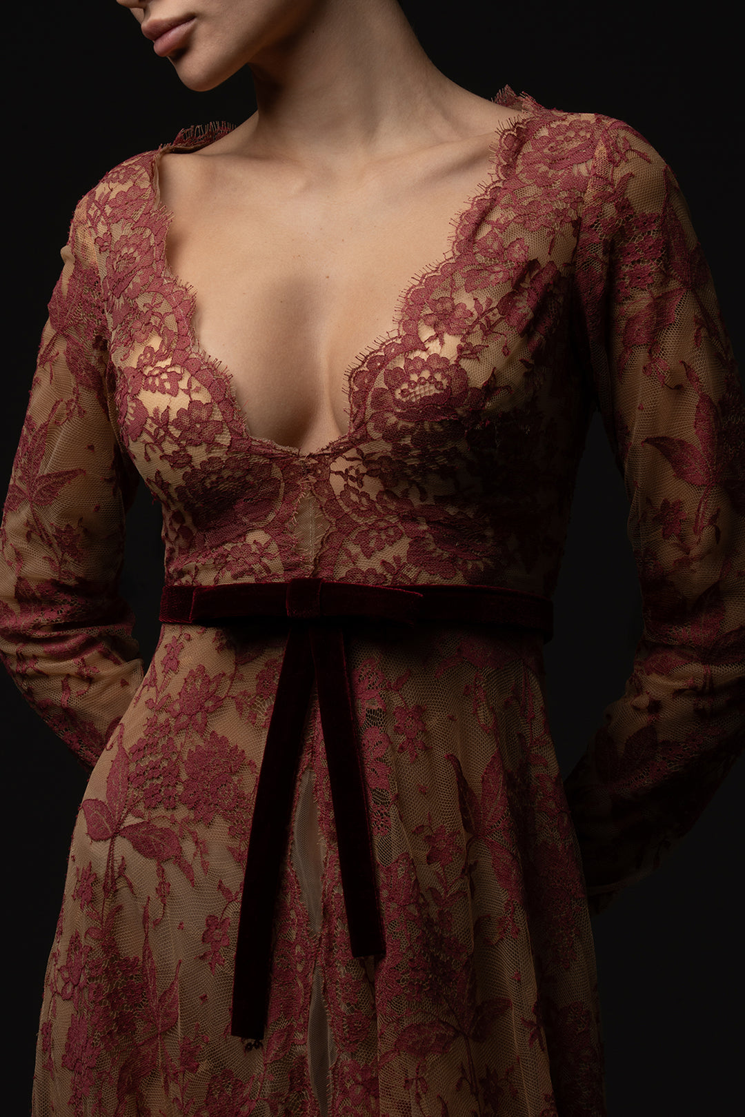V-Neck Lace A-Line Dress with Velvet Belt