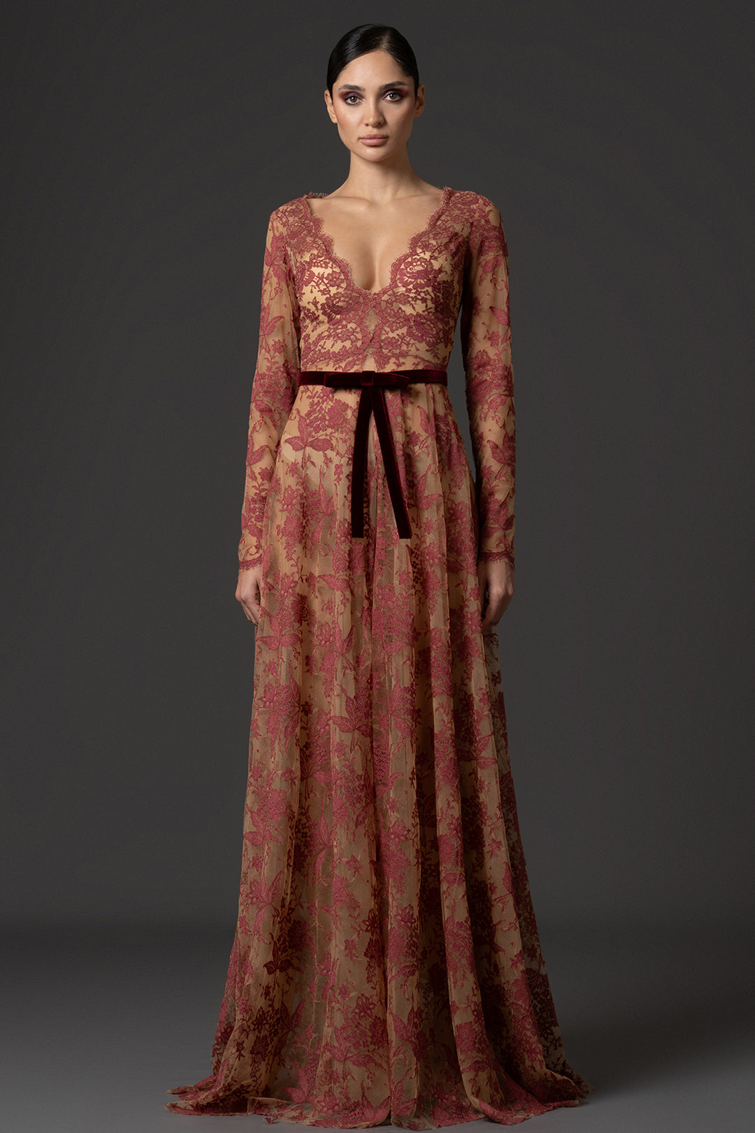 V-Neck Lace A-Line Dress with Velvet Belt