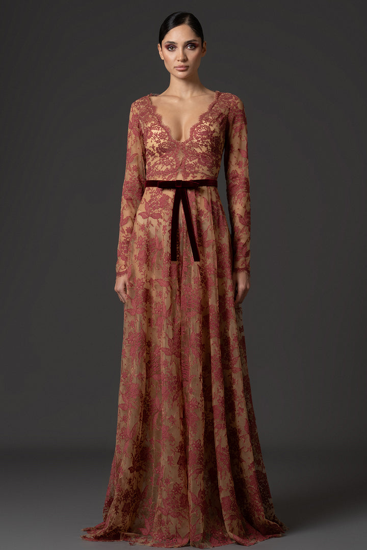V-Neck Lace A-Line Dress with Velvet Belt