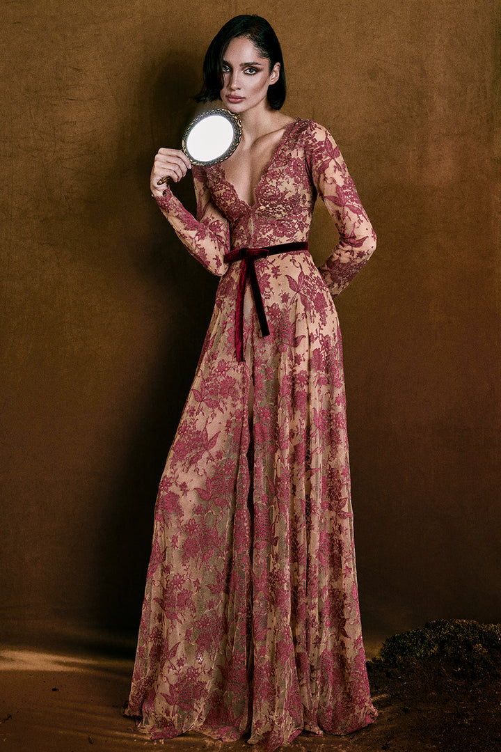 V-Neck Lace A-Line Dress with Velvet Belt