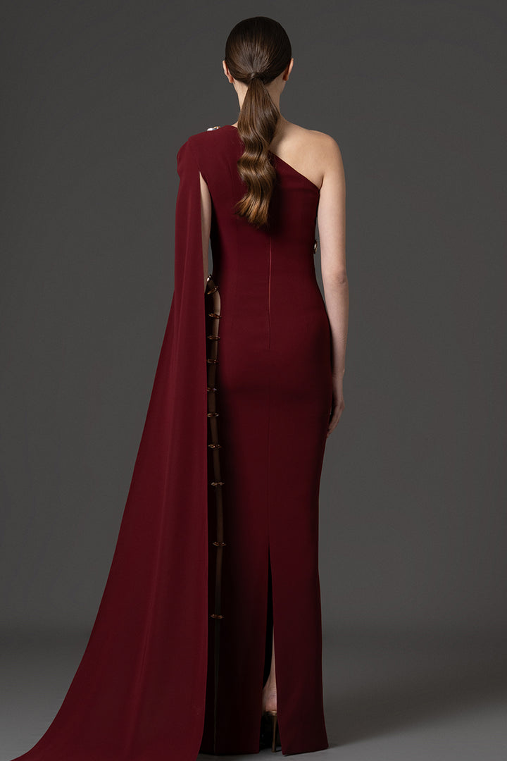 One-Shoulder Crêpe Dress with Embellished Cape