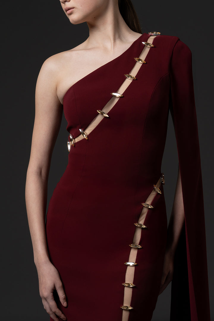 One-Shoulder Crêpe Dress with Embellished Cape