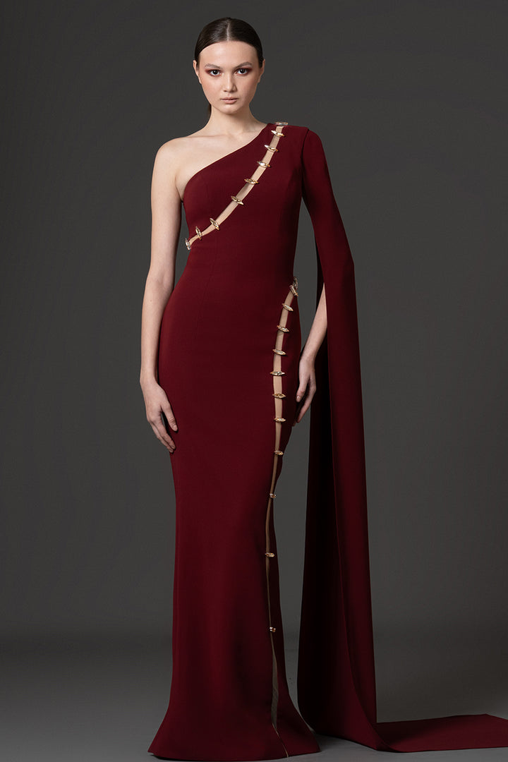 One-Shoulder Crêpe Dress with Embellished Cape