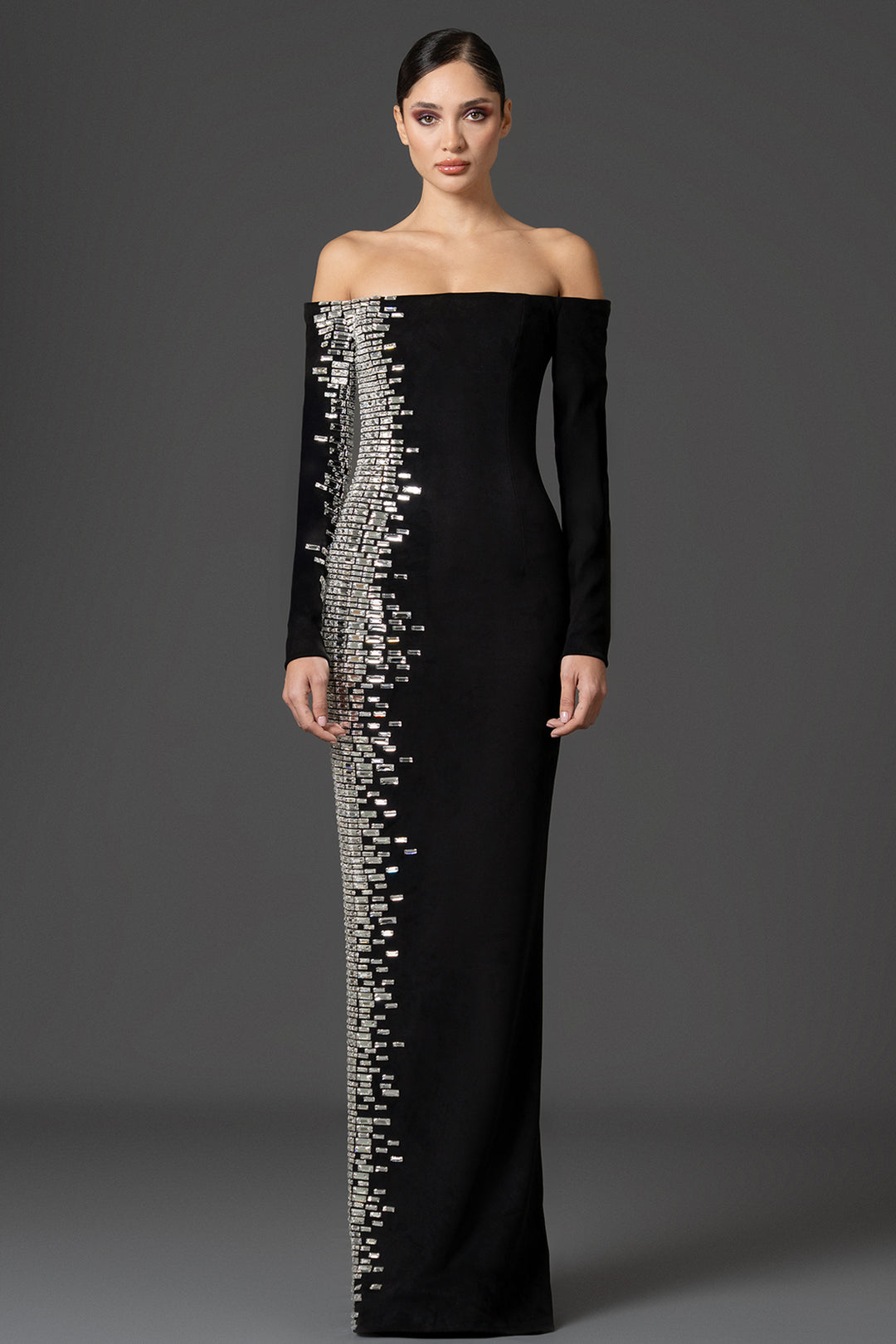 Baguette-Stone with Off-The-Shoulder and Suede Dress