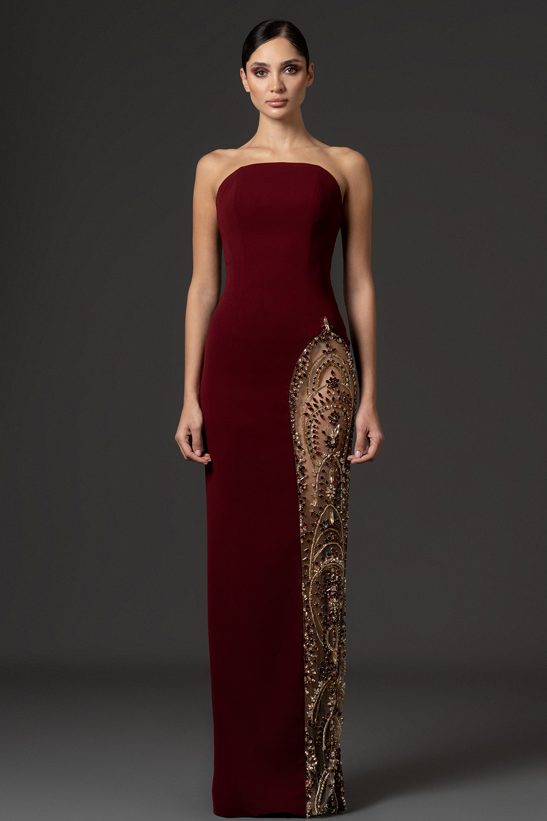 Strapless Crêpe Column Dress with Embellished Side Panel
