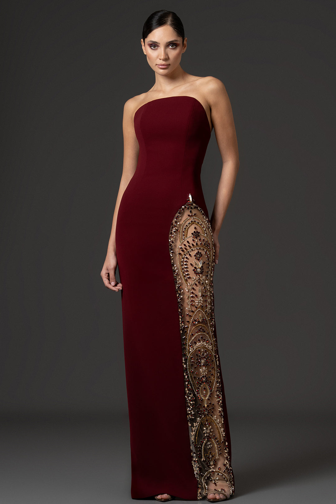 Strapless Crêpe Column Dress with Embellished Side Panel