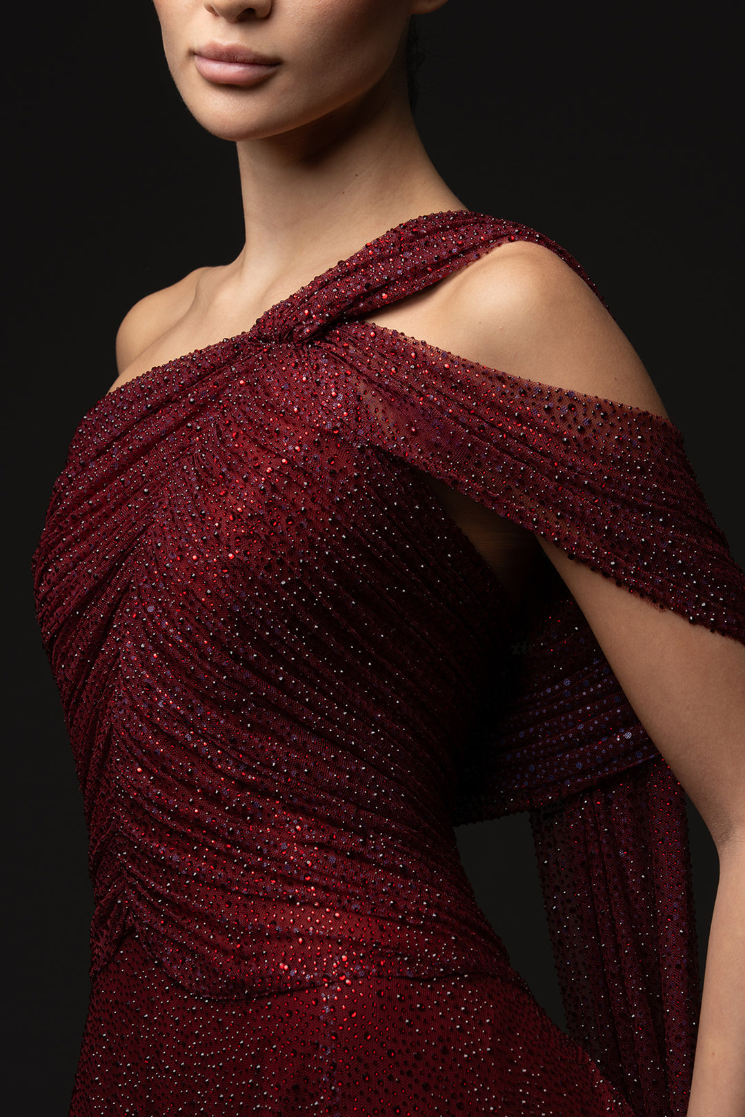 Off-The-Shoulder Embellished Tulle Dress with Side Cape