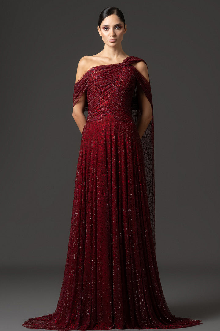 Off-The-Shoulder Embellished Tulle Dress with Side Cape