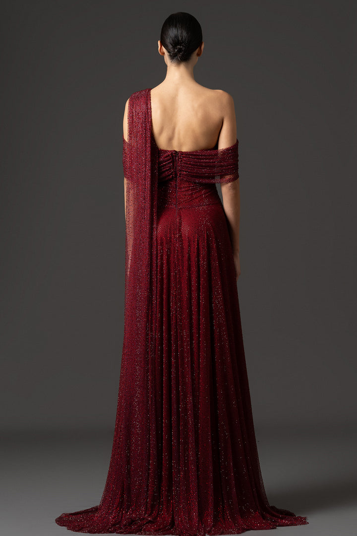 Off-The-Shoulder Embellished Tulle Dress with Side Cape