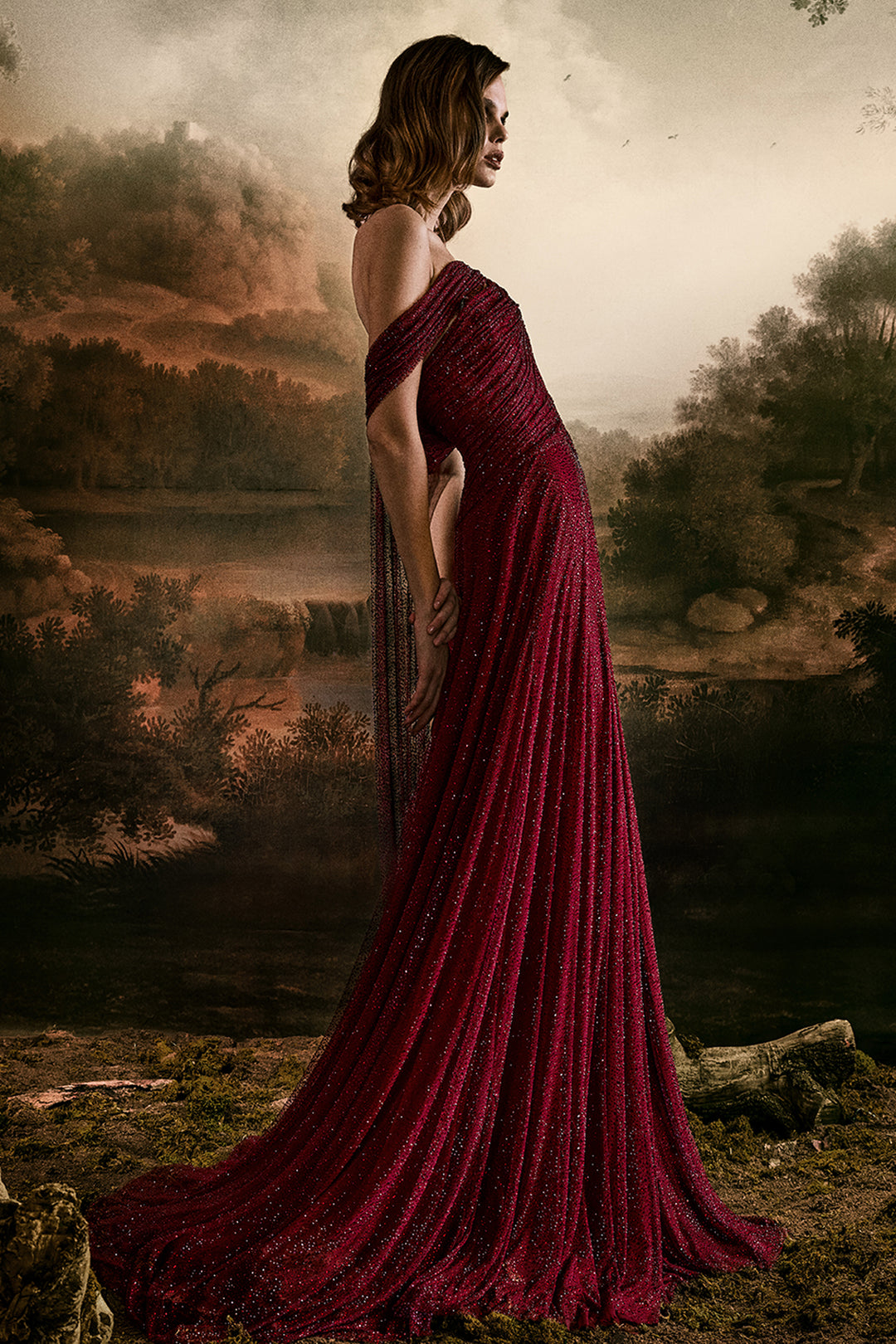 Off-The-Shoulder Embellished Tulle Dress with Side Cape
