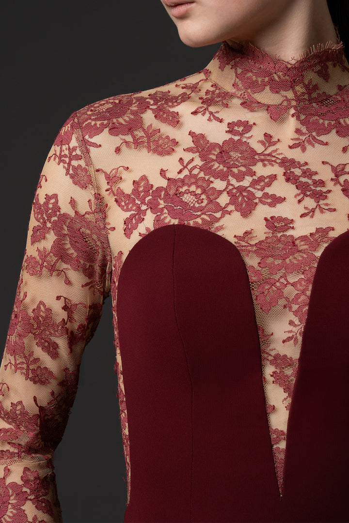 High-Neck Lace Bodice with Crêpe Dress