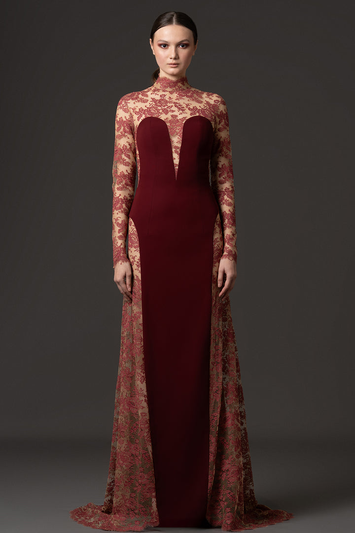 High-Neck Lace Bodice with Crêpe Dress