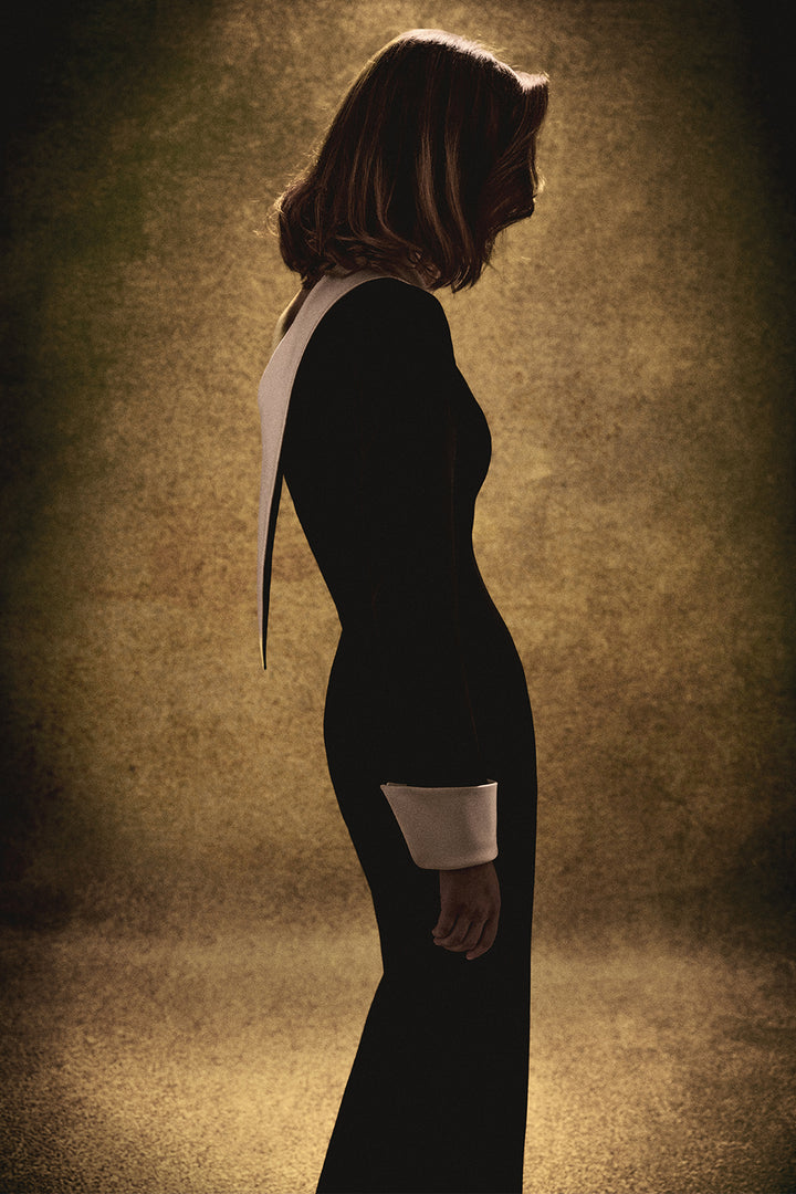 One-Shoulder Lapel with Crêpe Column Dress