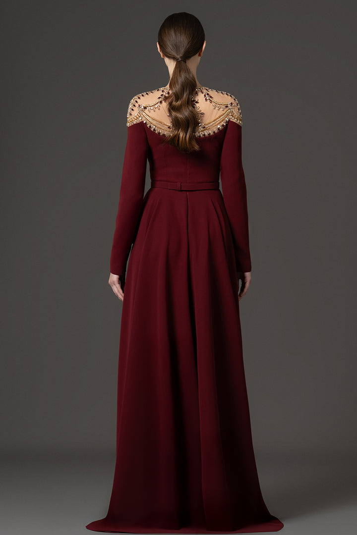 Embellished Illusion Neckline Crêpe A-Line Dress