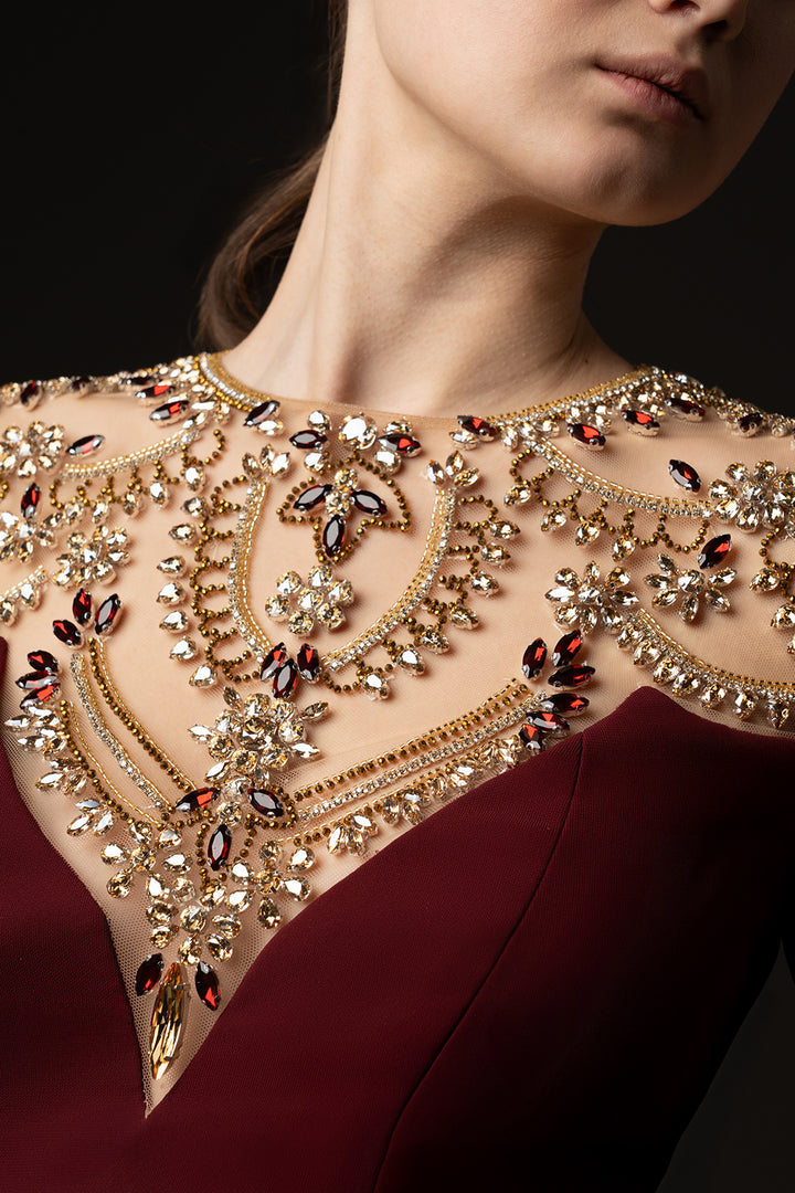Embellished Illusion Neckline Crêpe A-Line Dress