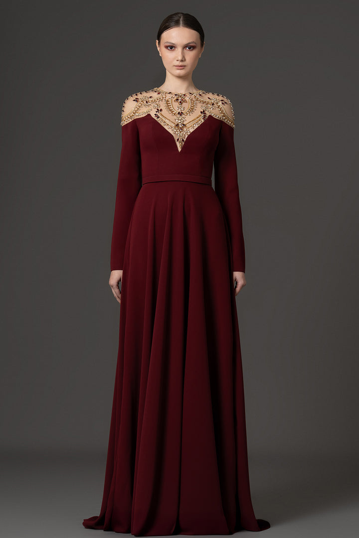 Embellished Illusion Neckline Crêpe A-Line Dress