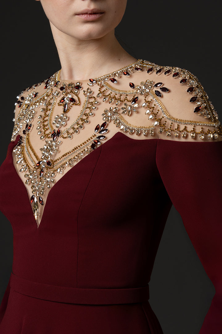 Embellished Illusion Neckline Crêpe A-Line Dress