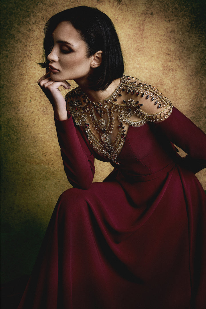 Embellished Illusion Neckline Crêpe A-Line Dress