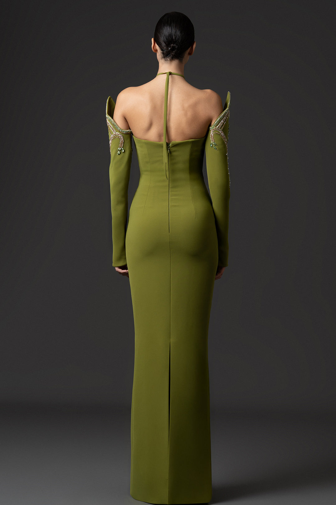 High-Neck Embroidered Crêpe with Fitted Dress