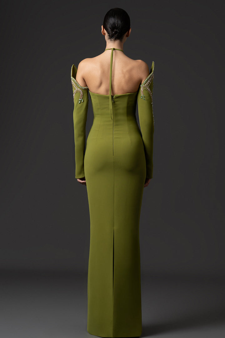 High-Neck Embroidered Crêpe with Fitted Dress