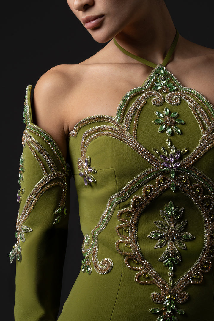 High-Neck Embroidered Crêpe with Fitted Dress