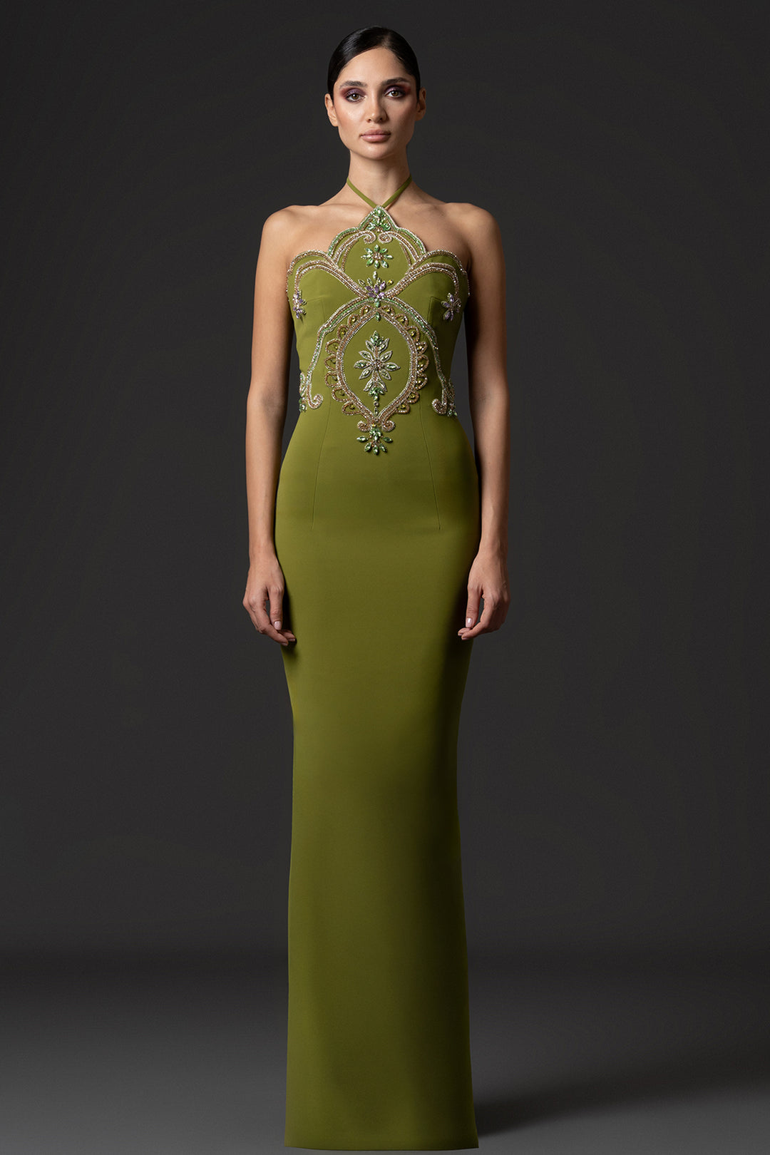 High-Neck Embroidered Crêpe with Fitted Dress