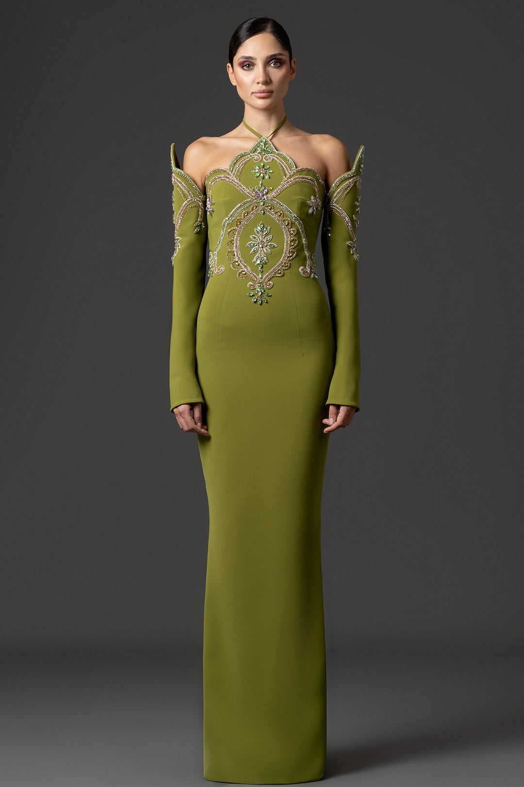 High-Neck Embroidered Crêpe with Fitted Dress
