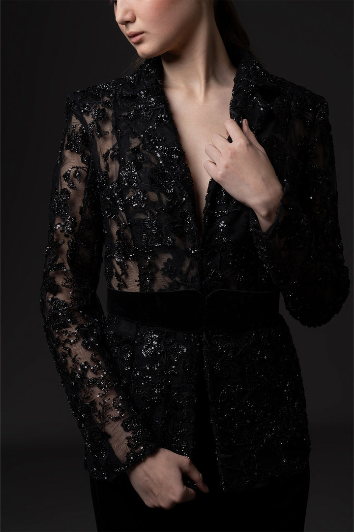 Embroidered Sheer-Sleeve with Velvet Blazer and Trousers