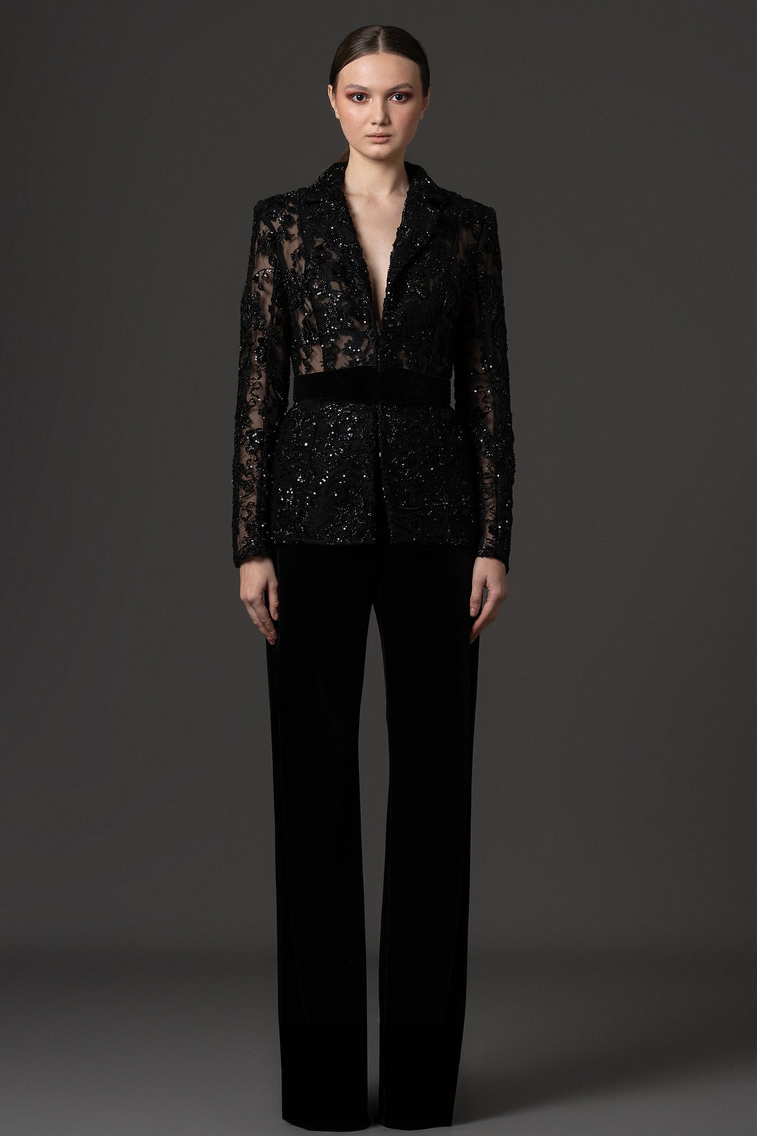 Embroidered Sheer-Sleeve with Velvet Blazer and Trousers